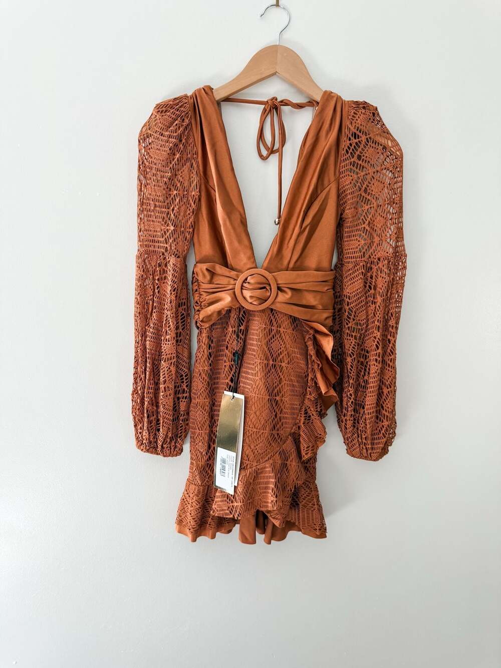 NEW PatBO Lace/Crochet Plunge Mini Dress in Brown/ Rust Orange XS
